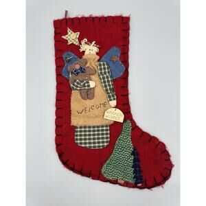 World Bazaar Christmas Stocking Red Felt Angel w Teddy Country Rustic No Tag